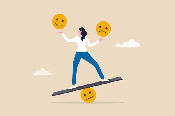 Emotional intelligence balance emotion control feeling between work stressed or sadness and happy lifestyle concept mindful calm woman using her hand to balance smile and sad face