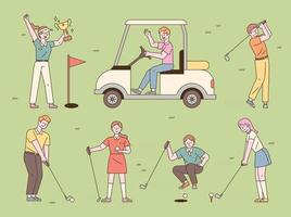 Varias posiciones de personas jugando al golf. Ilustración de vector mínimo de estilo de diseño plano.