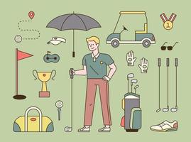 Golf player and golf equipment set. flat design style minimal vector illustration.