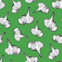 seamless pattern of garlic on a green background.A simple pattern of garlic.Hand-drawn vector illustration in the Doodle style. Head of garlic