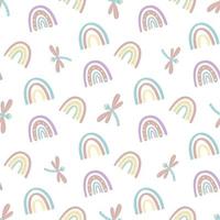 Cute rainbow and dragonfly seamless pattern. Scandinavian pattern in muted pastel colors. Hand-drawn vector illustration. Design for textiles, packaging, wrappers