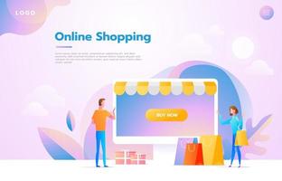 pareja feliz haciendo compras en línea juntos y llevando bolsas de compras, usaron una aplicación minorista en un teléfono inteligente y compraron productos en una tienda virtual. vector