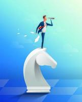 Businessman on top of horse chess piece using telescope looking for success, opportunities, future business trends. Successful business strategy concept. Cartoon Vector Illustration.