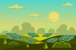 Solar panels in field landscape background vector