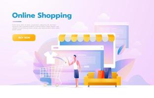 Men using mobile shopping app. Store that looks like a tablet computer. Online shopping concept. Vector flat design illustration.