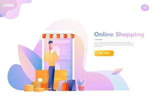 Man using mobile shopping app. Store that looks like smartphone. Online shopping concept. Vector flat design illustration.