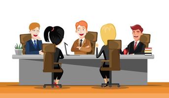 Business man meeting at a big conference desk. Startup company. People working together. Modern colorful flat style vector illustration isolated on white background