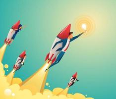 Business team flying on rocket ships through sky. Start up business concept. Vector flat