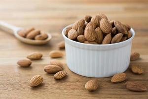 Close up of Almonds in white porcelain bowl on wooden table photo
