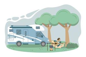Caravan in a forest Local summer vacation. A woman is playing the guitar at the camping place Concept vector illustration in flat style