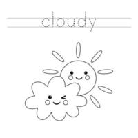 calcar letras con linda nube kawaii y práctica de escritura de sol para niños vector