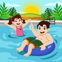 niños felices nadando en la piscina en verano vector