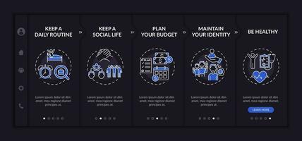 Job transition tips onboarding vector template dark theme