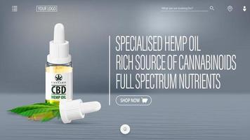 Gray banner for website with CBD oil bottle pipette hemp leaf and interface elements of website vector