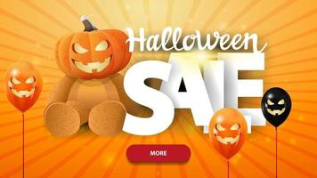 Venta de halloween banner web naranja horizontal con letras grandes oso de peluche con cabeza de calabaza jack vector