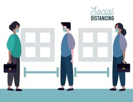 Grupo de personas con máscara médica practicando la distancia social. vector