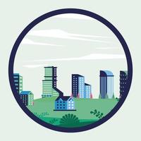 escena de paisaje urbano mínimo de la ciudad en marco circular vector