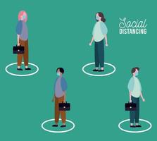 Grupo de personas con máscara médica practicando la distancia social. vector