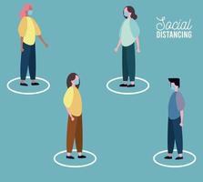 group of people wearing medical mask practicing social distance vector
