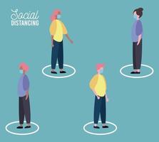 Grupo de personas con máscara médica practicando la distancia social. vector