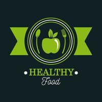 cartel de comida premium y saludable con manzana y cubiertos. vector