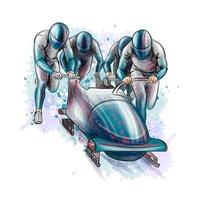Bobsleigh for four athletes from splash of watercolors Sports equipment for the bobsleigh race Winter sport Vector illustration