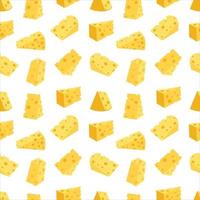 Cheese seamless pattern. Pieces of yellow cheese, isolated on a white background. Pieces of cheese of various shapes. Vector flat illustration