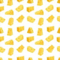 Cheese seamless pattern. Pieces of yellow cheese, isolated on a white background. Pieces of cheese of various shapes. Vector flat illustration