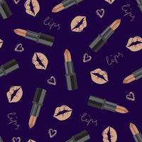 Patrón sin costuras de moda glamorosa con lápiz labial y besos en tonos plateados fríos. cosmética de patrones sin fisuras en colores de moda modernos. diseño de belleza, publicidad, día de san valentín. vector