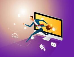 Manager jumping out of the computer, starting internet business. Business vector concept illustration.