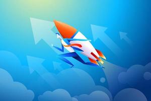 Businessman flying on rocket, graph that shows increase in sales, vector illustration in flat design