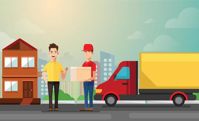 handsome man getting package from courier. Cartoon people characters. Young smiling man dressed in working uniform. Delivery service. House facade. Flat vector design.