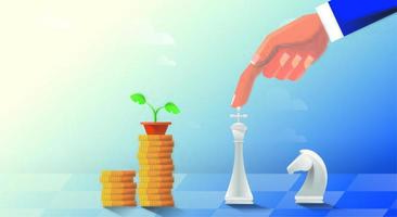 Man plays chess in the form of world currencies. Stock exchange and making money. Strategy and development of broker business. Vector illustration