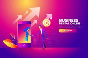 Flat design isometric vector concept with man and woman shaking hands through mobile screen for business mobile network connections, e-mail marketing, people chatting