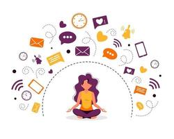 Digital detox concept Woman meditating in lotus pose vector