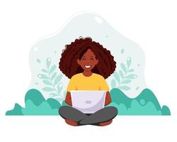 Black woman sitting with laptop Freelance and remote working concept vector