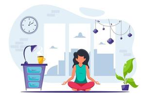 Woman meditating at home in cozy modern interior vector