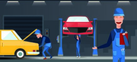 Car repair maintenance autoservice center garage interior with mechanics testing vehicles vector