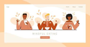 conjunto de personas que practican ejercicio de alimentación consciente ilustración del concepto para la meditación relajarse recreación estilo de vida saludable práctica de atención plena diseño de banner de página de destino vector