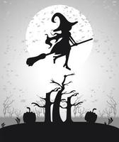 happy halloween celebration card with witch flying at night vector