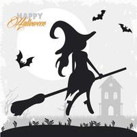 happy halloween celebration card with witch flying and bats vector