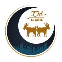 eid al adha celebration card with moon and lambs vector