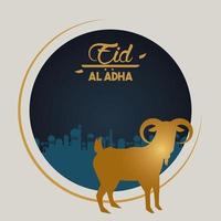 Tarjeta de celebración de eid al adha con cabra dorada en marco circular vector