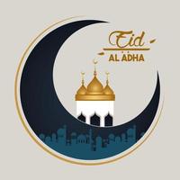 tarjeta de celebración de eid al adha con cupule de luna y mezquita vector