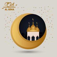 tarjeta de celebración de eid al adha con cupule de luna y mezquita vector