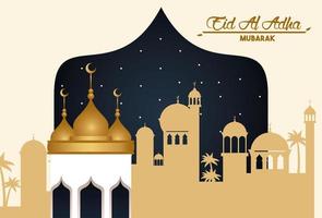 Tarjeta de celebración de eid al adha con paisaje árabe vector