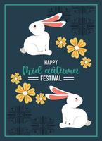 happy mid autumn lettering card with rabbits and flowers square frame vector