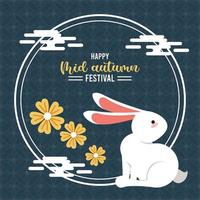 happy mid autumn card with rabbit and flowers circular frame vector