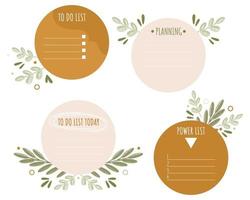 Set of round note papers with spring leaves elements Collection of weekly or daily planner to do list stickers templates Flat vector