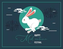 happy mid autumn lettering card with rabbit jump and moon vector